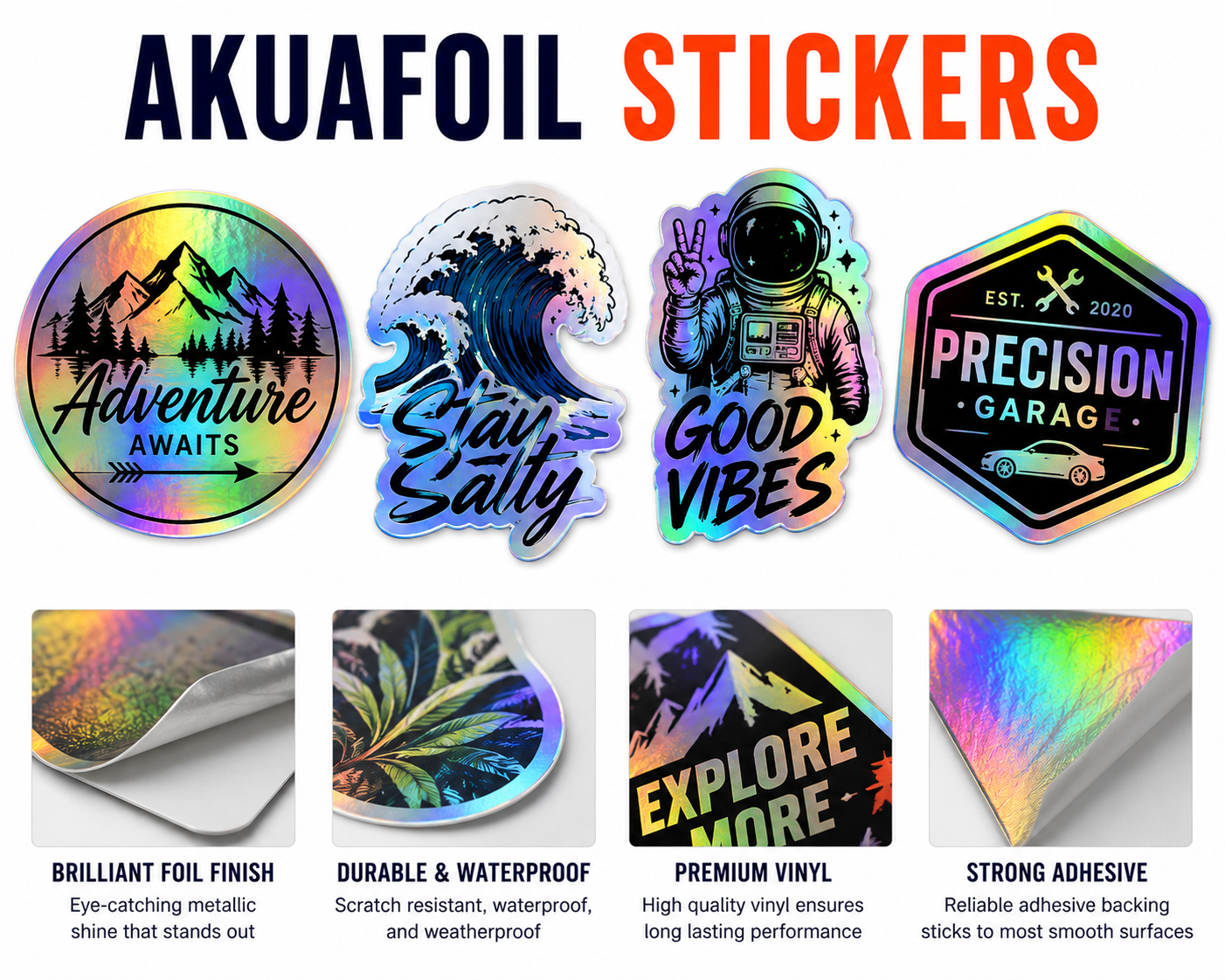Akuafoil Stickers- 70lb Sticker with split liner - 5/0 (4/0 With Foil on Front) — 4 x 4
