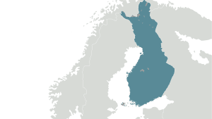 Kartta, jossa Suomi on korostettu sinisellä ja naapurimaat harmaalla.