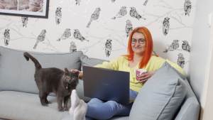 Oranssitukkainen ja silmälasipäinen nainen käyttää kannettavaa tietokonetta sohvalla, silittää harmaata kissaa ja pitää mukia.