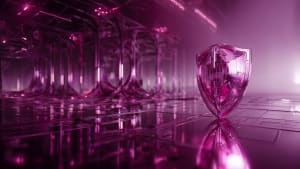 Hehkuva vaaleanpunainen kristallikilpi seisoo futuristisessa, neonvalaistussa, heijastavassa digitaalisessa ympäristössä.