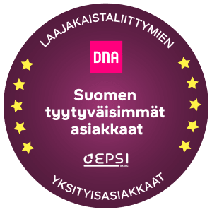 Pyöreä merkki, jossa on DNA-logo, suomenkielinen teksti, reunoilla tähtiä ja alhaalla EPSI Rating -logo.