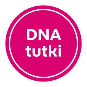 Vaaleanpunainen ympyrä, jonka keskellä on valkoinen teksti, jossa lukee DNA tutki.