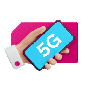 Sarjakuvakäsi pitelee älypuhelinta, jossa näkyy 5G, vaaleanpunaisen SIM-kortin edessä valkoisella taustalla.