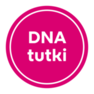 Vaaleanpunainen ympyrä, jonka keskellä on valkoinen teksti, jossa lukee DNA tutki.