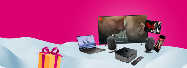 DNA TV, viihdeboksi kaiuttimilla ja takakaiuttimet.