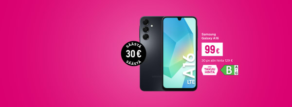 Samsung Galaxy A15 -älypuhelin vaaleanpunaisella taustalla; hintalappu osoittaa 99 € ja 30 € määräaikaisen alennuksen.