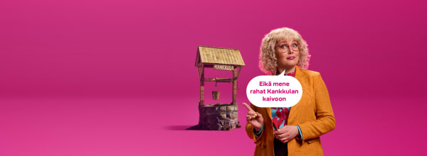 Silmälasipäinen nainen pitelee puhekuplaa toivomuskaivon lähellä vaaleanpunaisella taustalla.