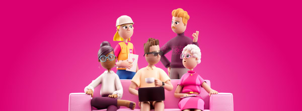 Viisi erilaista sarjakuvahahmoa istumassa ja seisomassa vaaleanpunaisen sohvan ympärillä kirkkaanpinkillä taustalla.