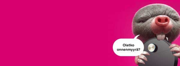 Myyrä, jolla on robotti-imuri kädessä ja joka kysyy oletko onnenmyyrä pinkin taustan edessä