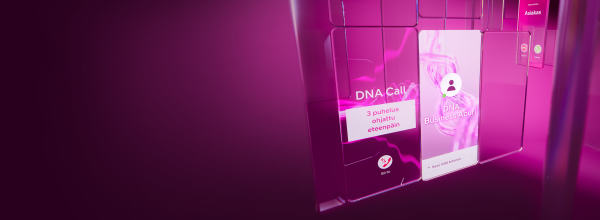 Futuristinen vaaleanpunainen digitaalinen käyttöliittymä näyttää DNA Call- ja DNA Business -vaihtoehdot suomenkielisellä tekstillä.