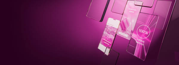 Kelluvat älypuhelimet, joissa on vaaleanpunaiset näytöt ja lataussymbolit elinvoimaisella magentanpunaisella taustalla.