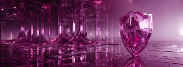 Hehkuva vaaleanpunainen kristallikilpi seisoo futuristisessa, neonvalaistussa, heijastavassa digitaalisessa ympäristössä.