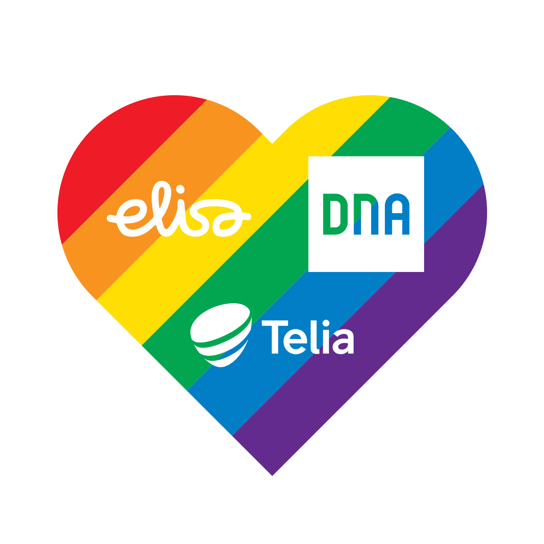 Sateenkaarikuvioinen sydän, jonka sisällä Elisan, DNA:n ja Telian logot.