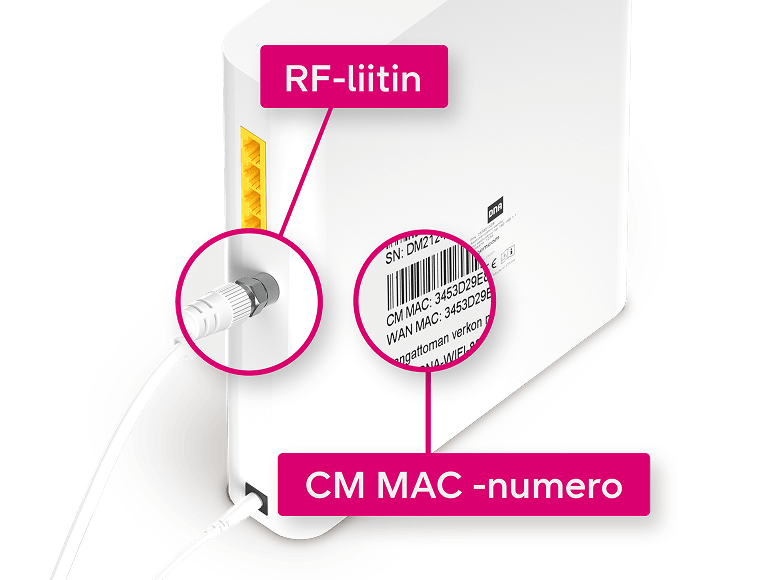 Valkoinen modeemi, jonka takaosassa on RF-liitintä ja CM MAC-numeroa korostavat tarrat.