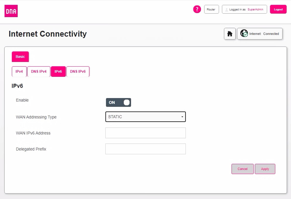 Internet-yhteyden asetussivu, jossa näkyy IPv6-vaihtoehdot ja kentät osoitetta ja etuliitettä varten sekä Käytä/peruuta-painikkeet.