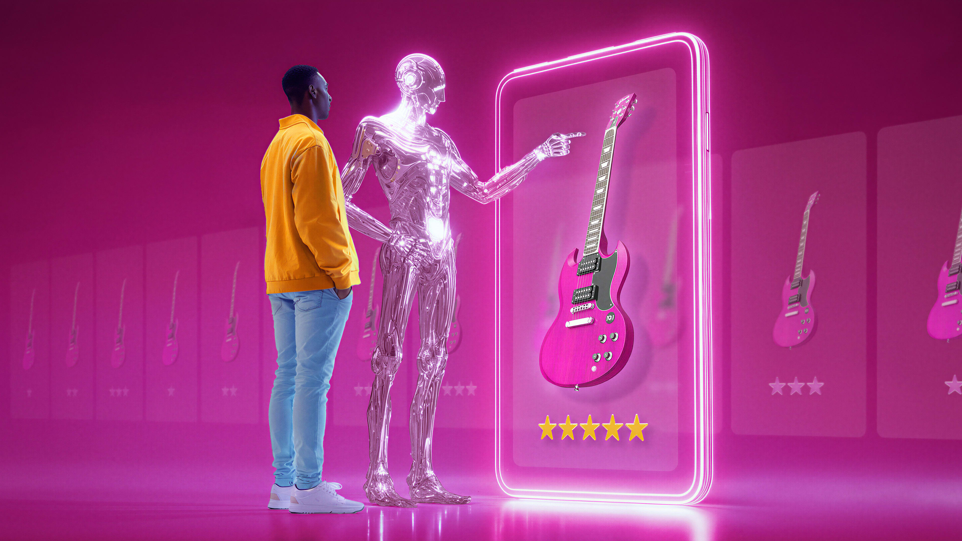 Ihminen ja tekoälyrobotti katsovat suurta näyttöä, jossa näkyy vaaleanpunainen sähkökitara, jossa on viisi tähteä.