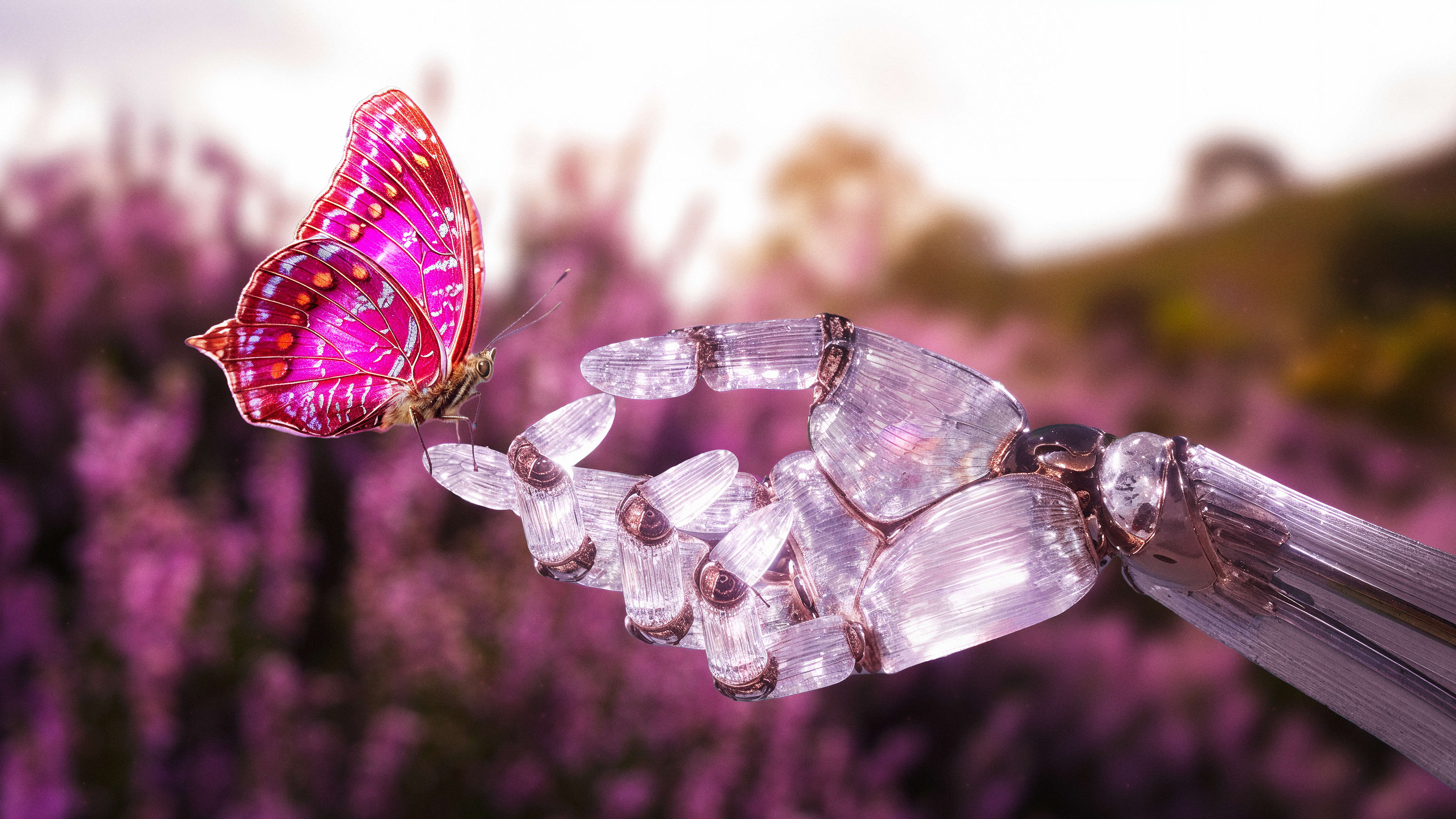 Vaaleanpunainen perhonen lepää läpinäkyvän robottikäden sormilla violetin kukkapellon keskellä.
