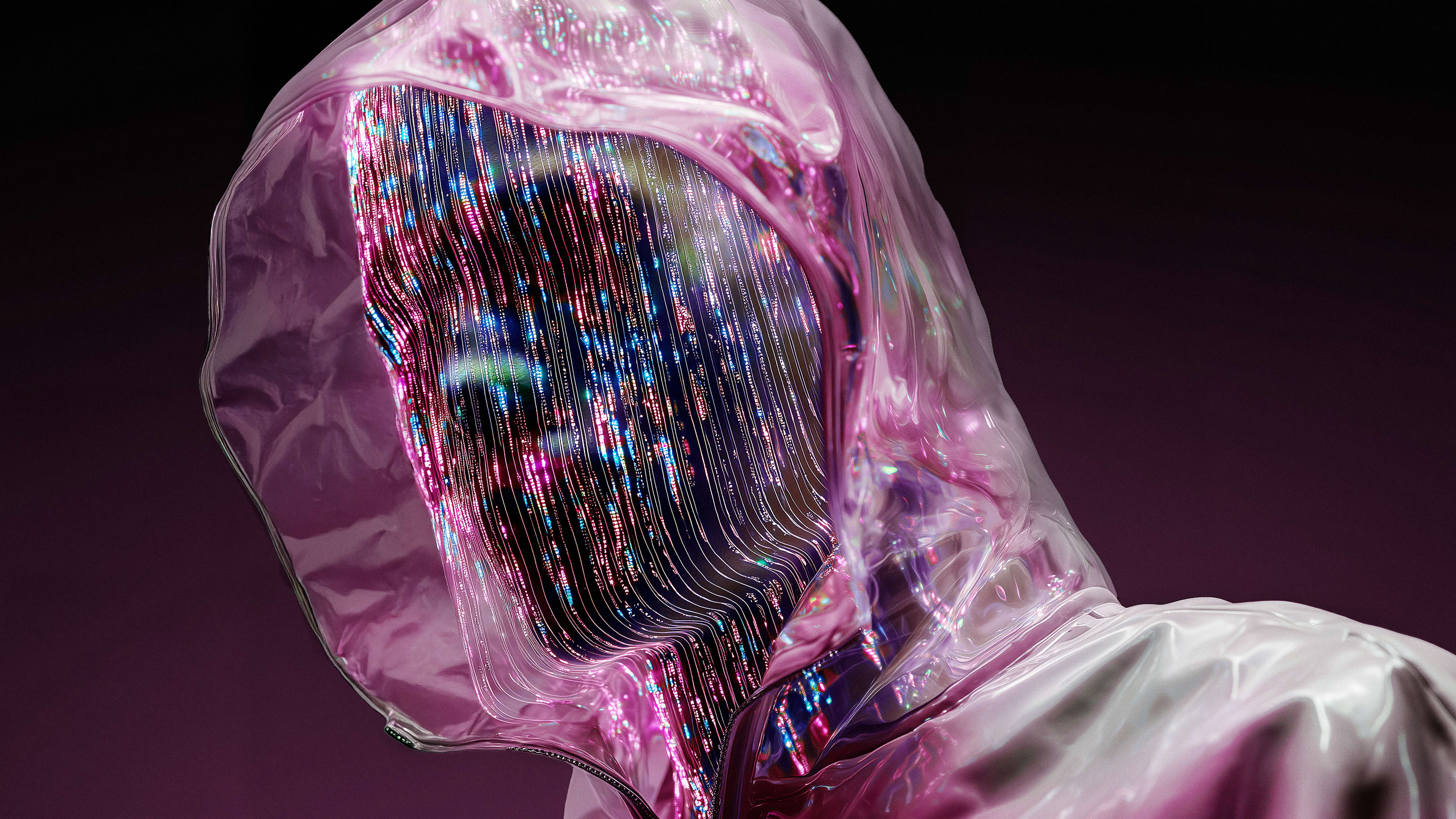 Digitaalinen tummanpuhuva hahmo lasinen huppu päässään