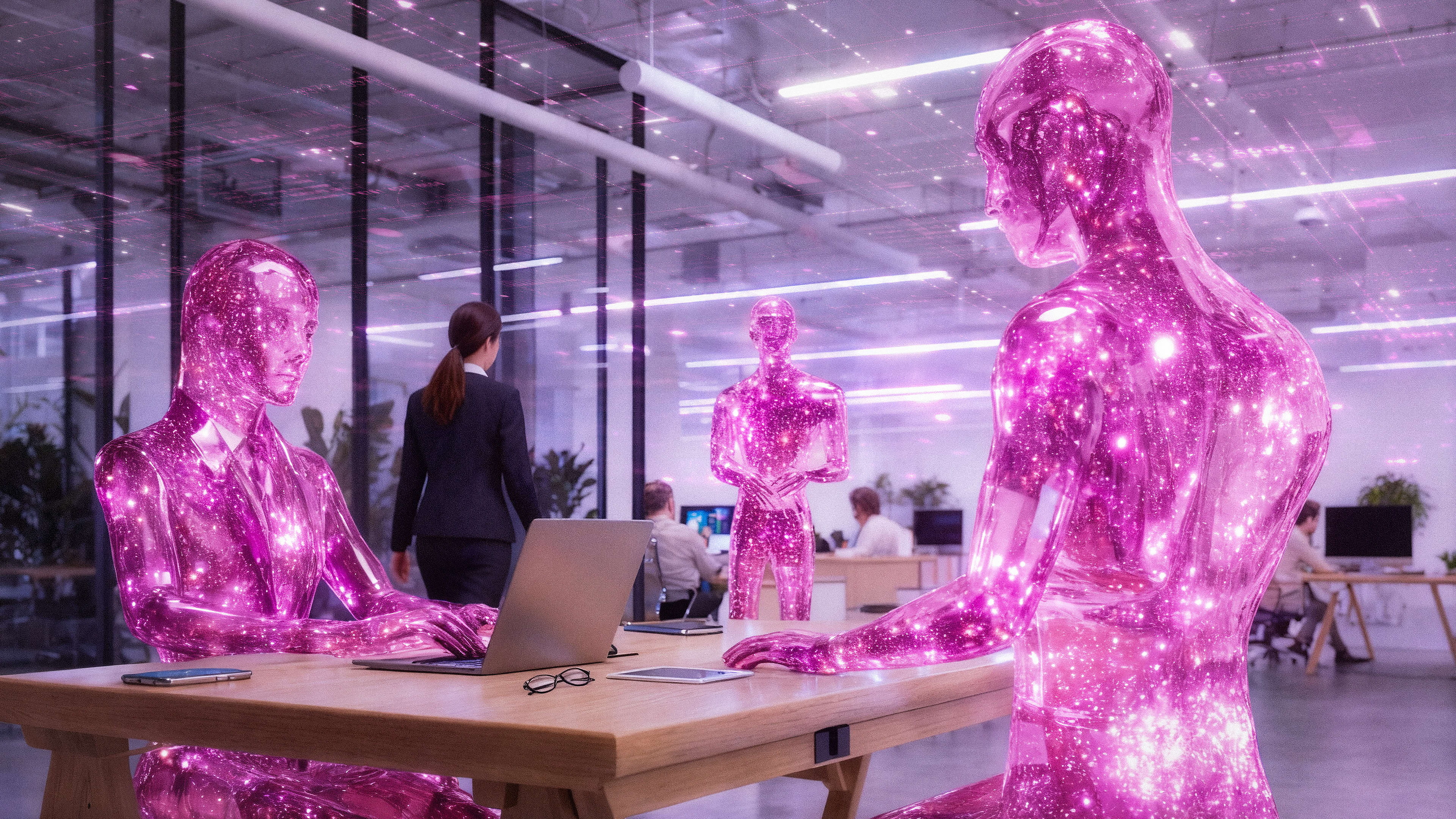 Tekoälykollegat työskentelemässä yhdessä saman pöydän ääressä toimistossa, jossa on myös ihmisiä.