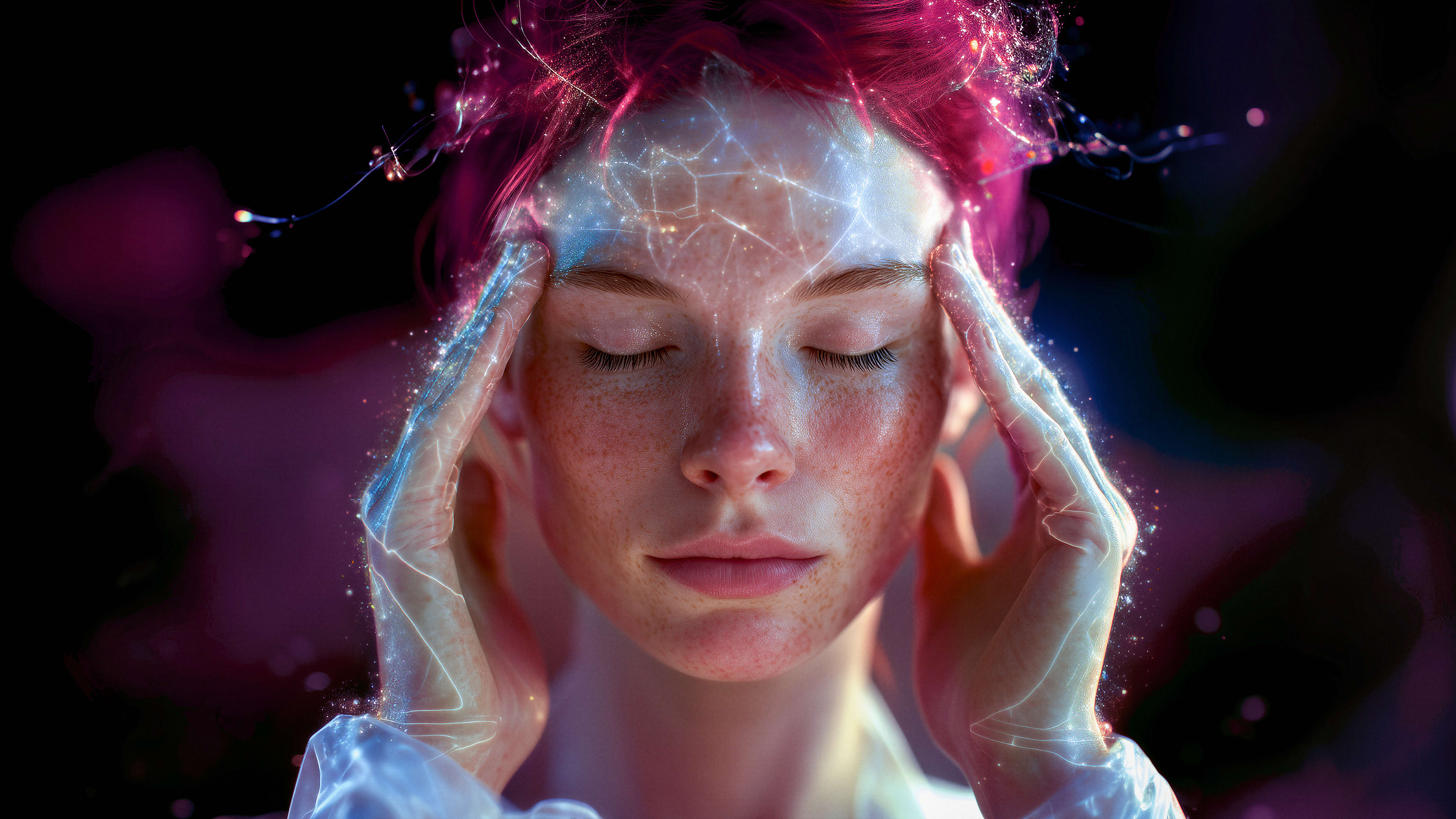 Henkilö, jolla on hehkuva iho, koskettaa ohimoitaan, ja digitaaliset valot muodostavat hänen kasvoilleen hermokuvioita.