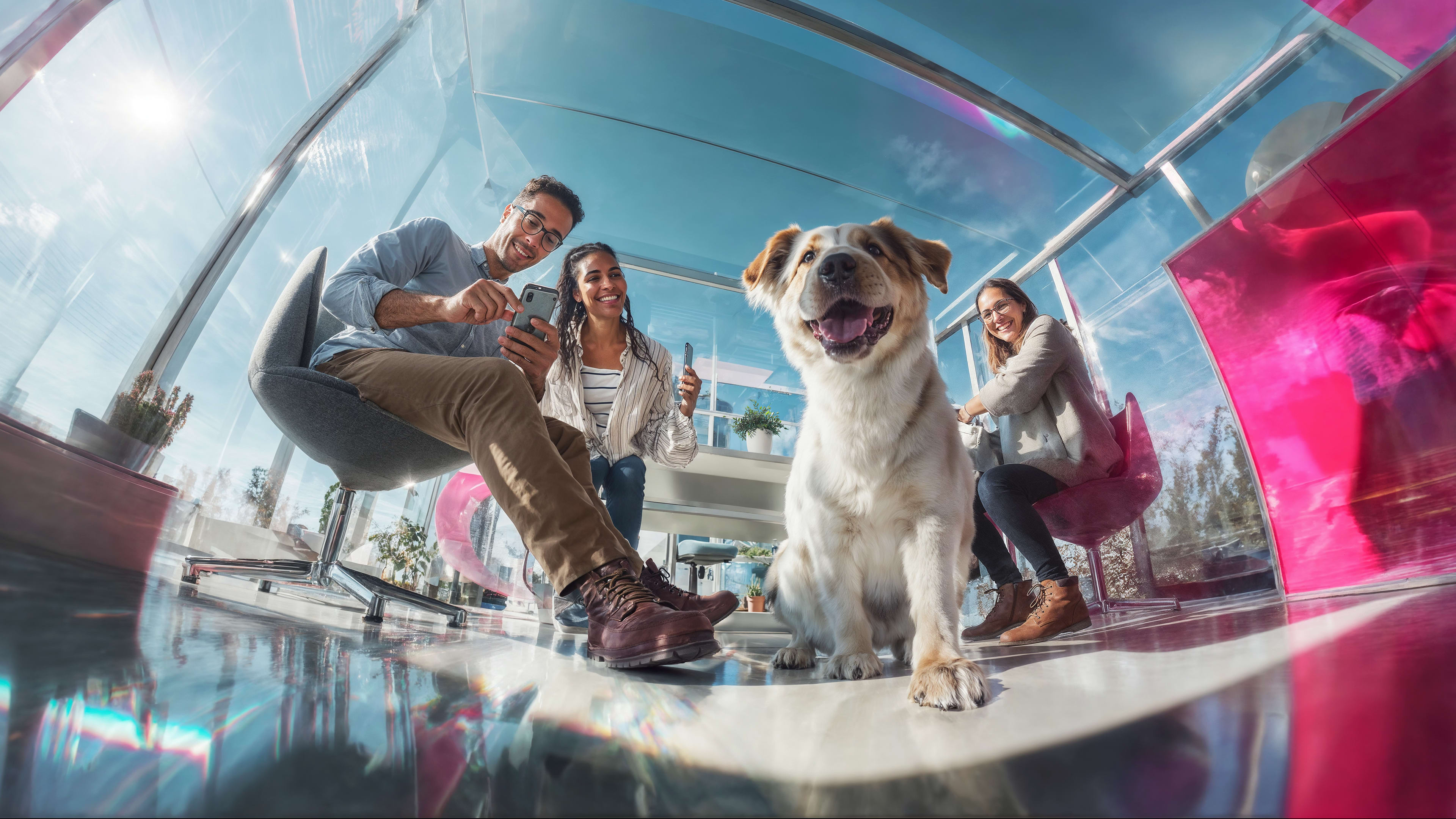 Kolme ihmistä ja onnellinen koira sisätiloissa, hymyilemässä ja nauttimassa yhteisestä ajasta valoisassa, modernissa huoneessa.