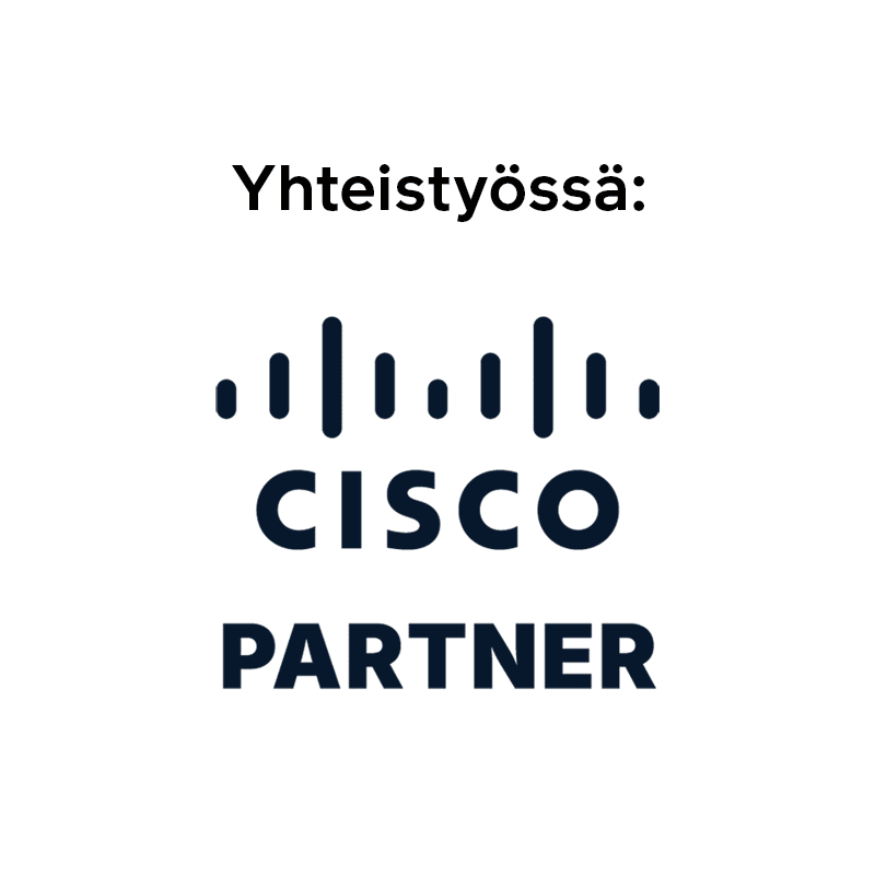 Cisco-kumppanin logo, jonka yläpuolella on suomenkielinen teksti ”Yhteistyössä:”, eli ”Yhteistyössä...”.