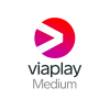 Viaplay Medium -logo, jossa on punainen ja vaaleanpunainen ympyränmuotoinen kuvake viaplay Medium -tekstin yläpuolella valkoisella pohjalla.