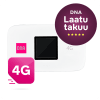 Valkoinen 4G-mobiilihotspot-laite, jossa DNA:n logo ja DNA Laatutakuu -laatutakuu -merkki oikealla ylhäällä.
