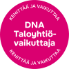 Vaaleanpunainen ympyrä valkoisella tekstillä: DNA Taloyhtiö-vaikuttaja ja KEHITTÄÄ JA VAIKUTTAA reunalla.