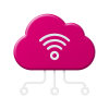 Vaaleanpunainen pilvikuvake, jossa on valkoinen Wi-Fi-symboli ja kolme viivaa, jotka yhdistyvät alla oleviin ympyröihin.