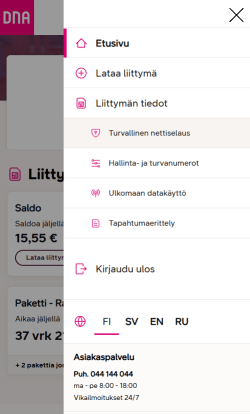DNA-sovelluksen suomenkielinen mobiilivalikko, jossa näkyvät tilitiedot ja asiakaspalvelun yhteystiedot.
