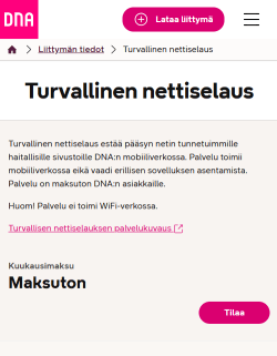DNA:n Turvallinen nettiselaus -palvelun esittely ja tilauspainike vaaleanpunaisella taustalla.