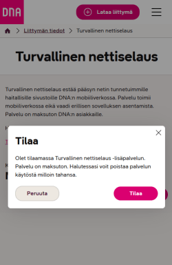 Suomalainen mobiilipalvelun sivu, jossa näkyy ponnahdusikkuna verkkoturvan tilaamiseksi, Peruuta- ja Tilaa-painikkeilla.