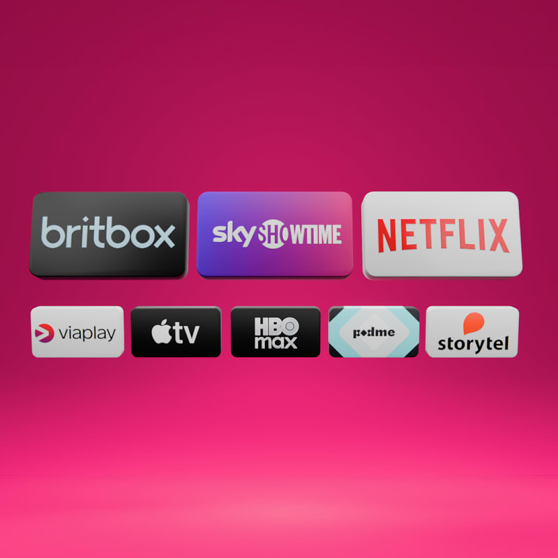 Yhdeksän suoratoistopalvelun logoa vaaleanpunaisella taustalla, mukaan lukien BritBox, Netflix, Viaplay ja HBO Max.