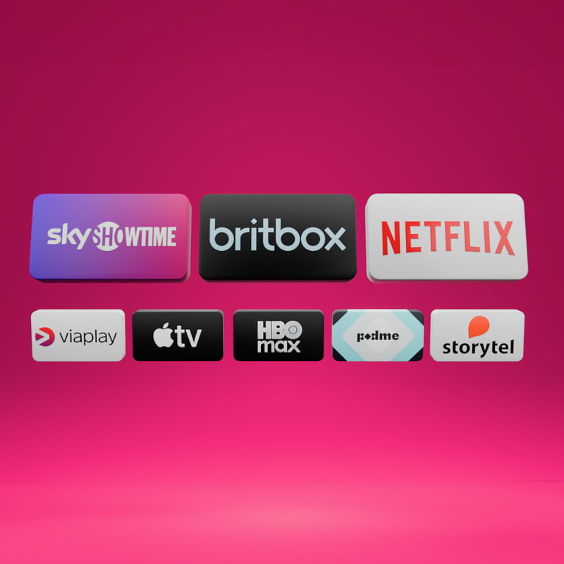 Yhdeksän suoratoistopalvelun logoa, mukaan lukien Netflix, HBO Max ja Apple TV, vaaleanpunaisella liukuvärisellä taustalla.