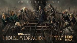 House of Dragon kausi 3 näyttelijät istuvat Rautavaltaistuimella, teksti Voita tai kuole ja HBO Max -brändi.