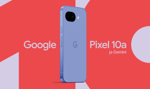 Sininen Google Pixel 10a -puhelin punaisella ja violetilla pohjalla ja teksti Google Pixel 10a ja Gemini.