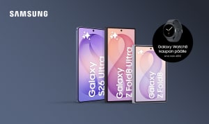 Kolme Samsungin älypuhelinta ja yksi älykello on esillä harmaalla taustalla, ja niiden yhteydessä on suomenkielinen mainosteksti.