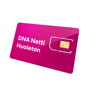 Vaaleanpunainen SIM-kortti, jossa on teksti DNA Netti Huoleton ja oikealla puolella näkyvä kultainen siru.