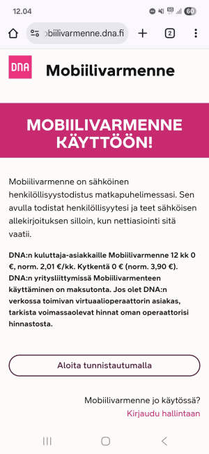Suomalainen mobiilisivusto, jossa kerrotaan digitaalisen mobiilivarmenteen käytöstä tunnistamiseen.