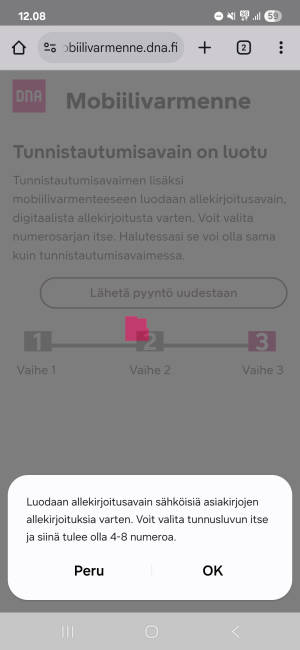 Suomalaisen matkapuhelimen vahvistusnäyttö, jossa ponnahdusikkuna pyytää käyttäjää luomaan 4-8-numeroisen PIN-koodin.