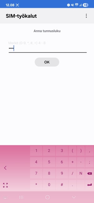 Puhelimen näytössä näkyy SIM-koodin PIN-koodin syöttö, jossa on numeronäppäimistö ja vaaleanpunainen tausta alareunassa.