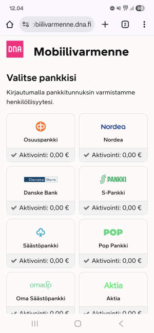 Suomenkielinen mobiilisivusto, jossa on luettelo pankeista, jotka voi valita henkilöllisyyden todentamista varten.