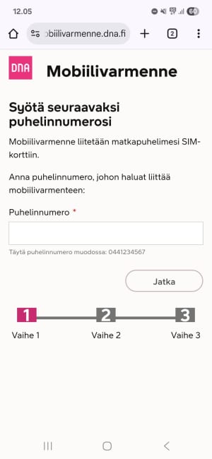Suomenkielinen mobiilivarmenteen kirjautumissivu, jossa kysytään puhelinnumeroa ja jossa näkyy kolme vaihetta, joista ensimmäinen on korostettu.