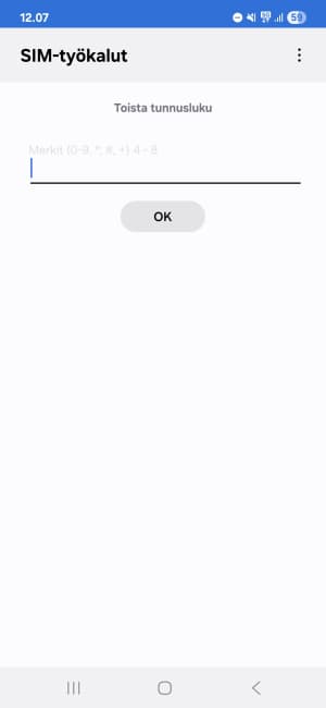 SIM-työkalut-näyttö, jossa käyttäjää kehotetaan syöttämään PIN-koodi uudelleen tekstikentällä ja OK-painikkeella.