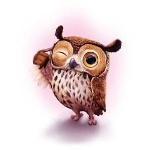 Söpö piirretty pöllö iskee silmää ja vilkuttaa vaaleanpunaisella taustalla.