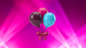 Kolme ilmapalloa - ruskea, punainen ja sininen - sidottu vaaleanpunaisella rusetilla, jotka leijuvat kirkkaan vaaleanpunaisella, hehkuvalla taustalla.