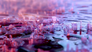 Futuristinen kaupunkikuva, jossa on läpikuultavia vaaleanpunaisia ja violetteja rakennuksia heijastavassa, abstraktissa maisemassa.