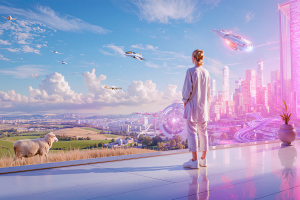 Henkilö katselee futuristista kaupunkimaisemaa, jossa on lentäviä autoja, kehittyneitä rakennuksia ja lähellä lampaita.