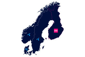 Skandinavian kartta, jossa on kuvakkeilla merkitty DNA Suomessa ja Telenor Norjassa, Ruotsissa ja Tanskassa.